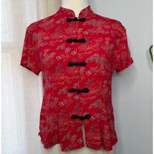 Clio Asian Floral Blouse Cheongsam Frog Toggle Front Red Women's Small Petite